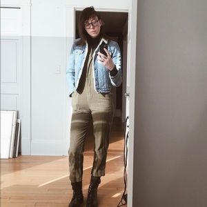 army olive green cotton military style coveralls jumpsuit cropped leg button up